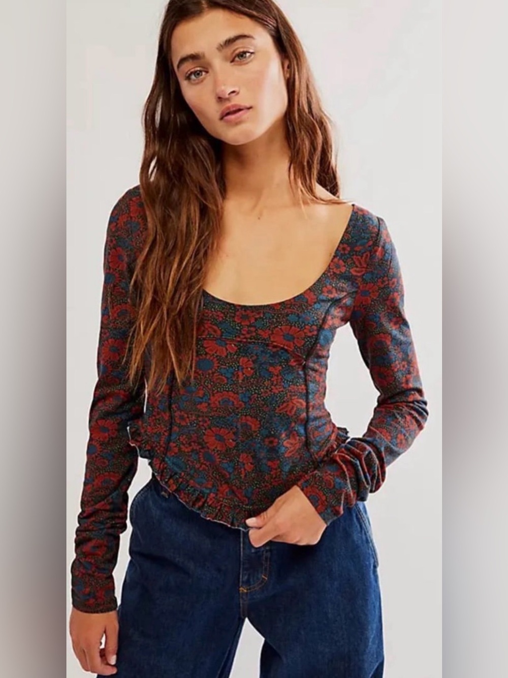 Free People Scoop Neck Floral Long Sleeve Top in Red and Blue